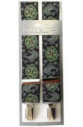 Erwin & Morris Made in UK Black-Green Edwardian Paisley 35mm 4 Clip Braces