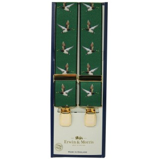 Erwin & Morris Made In UK Green With Flying Ducks 4 Gold Clip Trouser Brace 