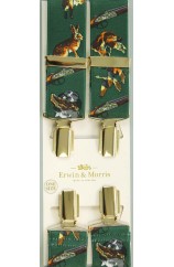 Erwin & Morris made in UK Green Gun Dogs 35mm Gilt Feathered 4 Clip Braces