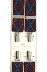 Erwin & Morris made in UK Burgundy and Navy  Diamond check Fashion 35mm Nickel Feathered 4 Clip Braces