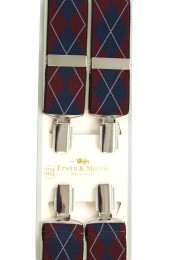 Erwin & Morris made in UK Burgundy and Navy  Diamond check Fashion 35mm Nickel Feathered 4 Clip Braces