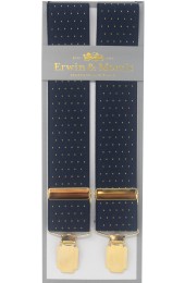 Erwin & Morris Made in UK Navy Blue & Gold Pin Dot 35mm Gilt Feathered 4 Clip Braces