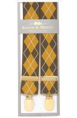 Erwin & Morris Made In UK Mustard Brown Argyle Fashion 35mm 4 Clip Braces