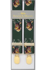 Erwin & Morris Made In UK Green Stags Head 35mm Elastic With Guilt 4 Clips Trouser Braces