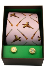 Pink Flying Pheasants & Shotguns Tie Cufflink Set