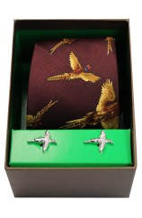 Wine Flying Pheasants Silk Tie Cufflink Set