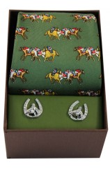 Green Horse Racing Theme Tie And Cufflink Set