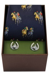 Navy Horse Racing Theme Tie And Cufflink Set