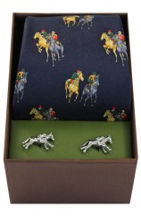 Navy Horse Racing Theme Tie And Cufflink Set