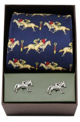 Soprano Navy Horse Racing Silk Tie & Cufflink Gift Box Set