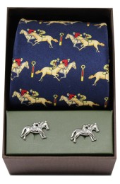 Soprano Navy Horse Racing Silk Tie & Cufflink Gift Box Set