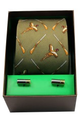 Green Flying Pheasants & Shotguns Tie Cufflink Set