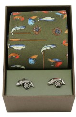 Soprano Country Green Fishing Theme Silk Tie and cufflink set