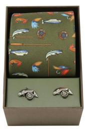 Soprano Country Green Fishing Theme Silk Tie and cufflink set
