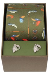 Soprano Country Green Fishing Tackle Silk Tie and cufflink set