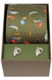 Soprano Country Green Fishing Tackle Silk Tie and cufflink set
