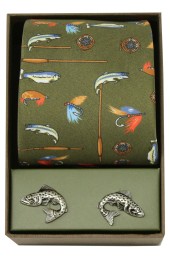 Country Green Fishing Silk Tie & cufflink Gift set