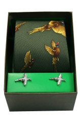 Green Flying Pheasants Silk Tie Cufflink Set