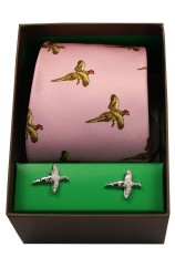 Pink Flying Pheasants Silk Tie Cufflink Set