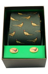 Green Standing Pheasants Tie Cufflink Set