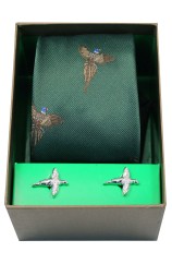 Flying Pheasants On Forest Green Ground Tie Cufflink Set