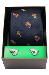 Fishing Flies On Navy Ground Tie Cufflink Set