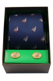 Grouse On Navy Ground Tie Cufflink Set