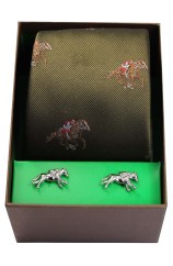 Horse Racing Theme On Green Ground Tie Cufflink Set