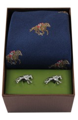 Navy Horse Racing Silk Tie And Cufflink Gift Box Set