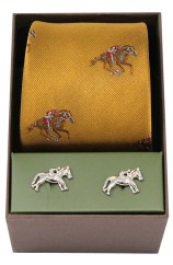Soprano Gold Horse Racing Silk Tie And Cufflink Gift Box Set