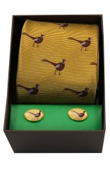 Standing Pheasant On Gold Ground Tie Cufflink Set