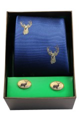 Stags Head On Royal Blue Ground Tie Cufflink Set