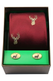 Stags Head On Wine Ground Tie Cufflink Set