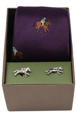 Horse Racing Theme On Purple Ground Tie & Cufflink Set