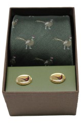 Standing Pheasant On Green Ground Tie Cufflink Set