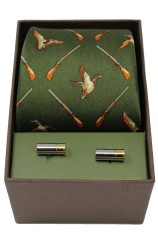 Green Flying Ducks And shotgun Cartridge Tie & Cufflink Set