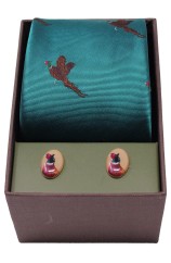 Flying Pheasants on Teal Ground Tie & Cufflink Set