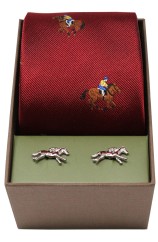 Horse Racing Theme On Burgundy Ground Tie & Cufflink Set