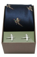 Flying Pheasants on Navy Ground Tie & Cufflink Set