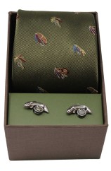 Soprano Country Green Fishing Flies Tie and cufflink set