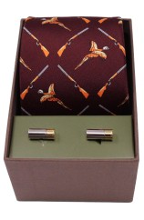 Green Flying Pheasants Silk Tie Cufflink Set