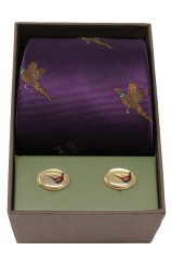 Soprano Flying pheasants On Purple Ground Tie & Cufflink Set