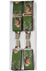 Green Stags Head Trouser Brace 35mm Wide Elastic X Back 4 Clip Braces