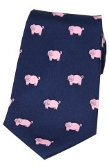 Soprano Pink Pigs On Navy Blue Ground Country Silk Tie