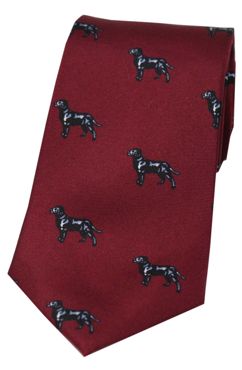 Soprano Black Labradors On Wine Ground Country Silk Tie