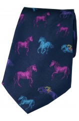 Posh And Dandy Navy With Multi Coloured Horses Silk Tie