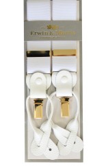 Erwin & Morris Made In UK Plain White 2 in 1 Luxury 35mm Gilt With White Leather Ends Trouser Braces