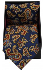 Soprano Navy Large Paisley Silk Tie & Hanky Set Presented In A Gift Box