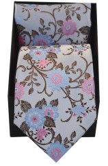 Soprano Silver With Fuchsia and Blue Flowers Silk Tie & Hanky In A Presentation Box