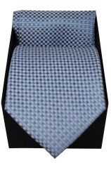 Soprano Neat Checked Sky, Blue & Silver Silk Tie & Pocket Square Set In Gift Box